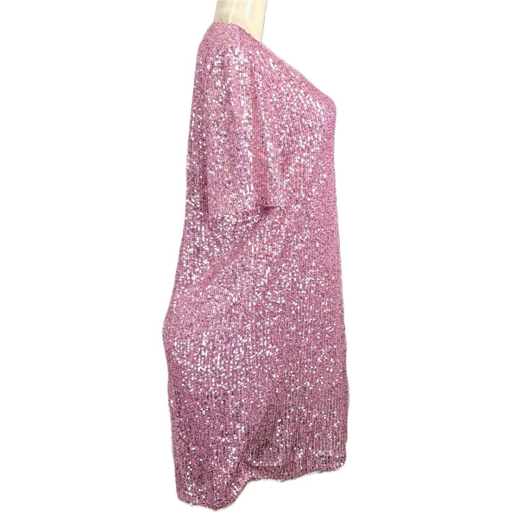 Betsey Johnson XXL Pink Mesh Sequin Crew Neckline Short Sleeve Shift Mini Dress - Picture 3 of 7